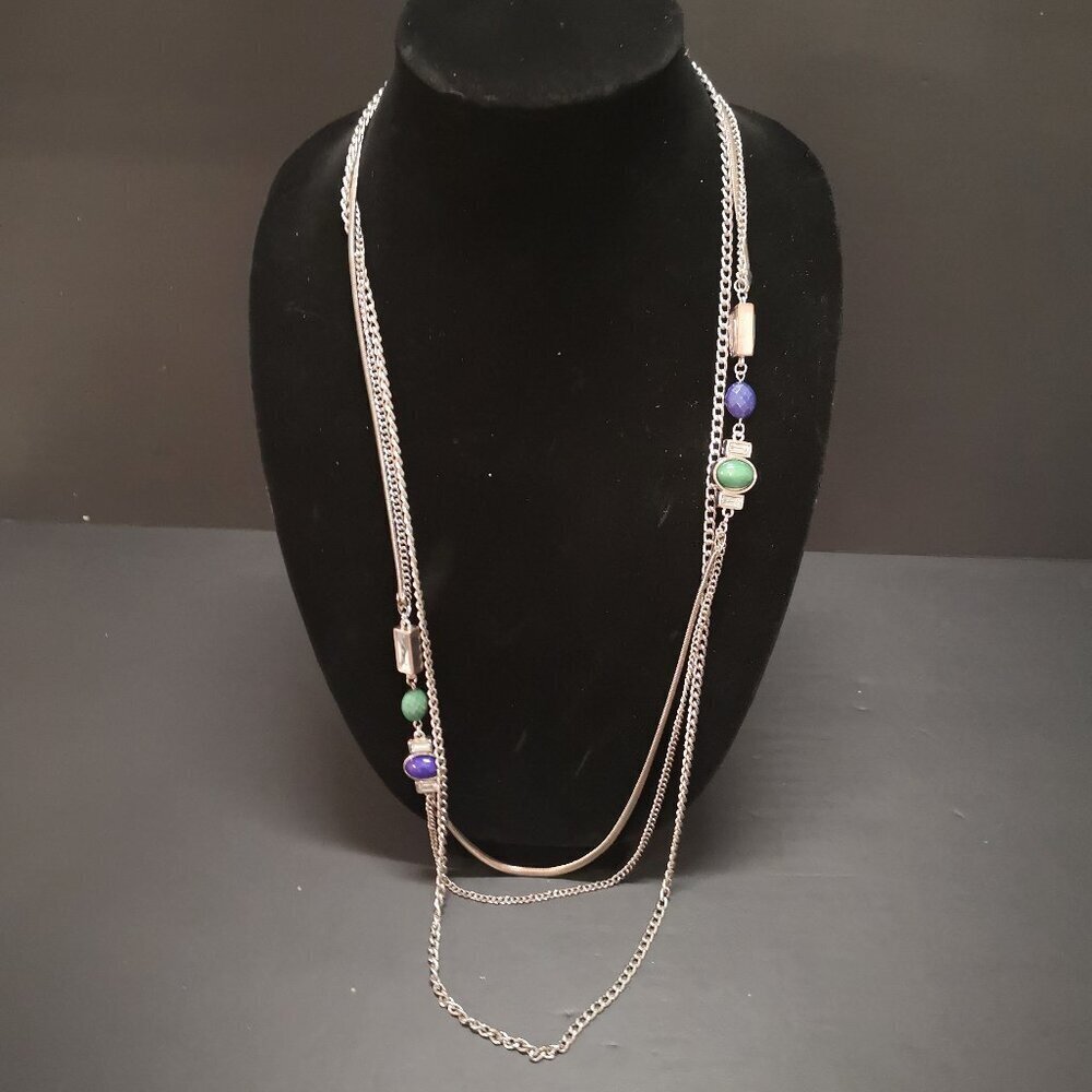Mexx Triple Strand Silver Tone Necklace with Green Purple & Clear Beads